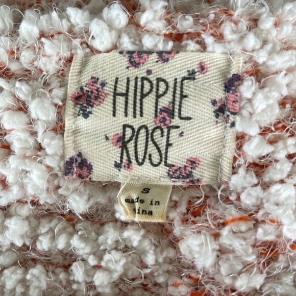 Hippie Rose white over orange teddy bear popcorn nubby V neck stretchy sweater. - Picture 5 of 5
